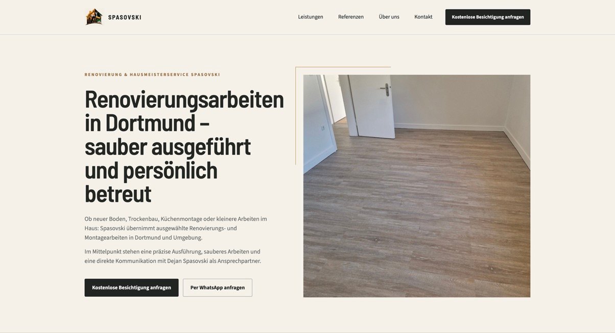 Landingpage des Renovierungsbetriebs Spasovski in der Desktopansicht.