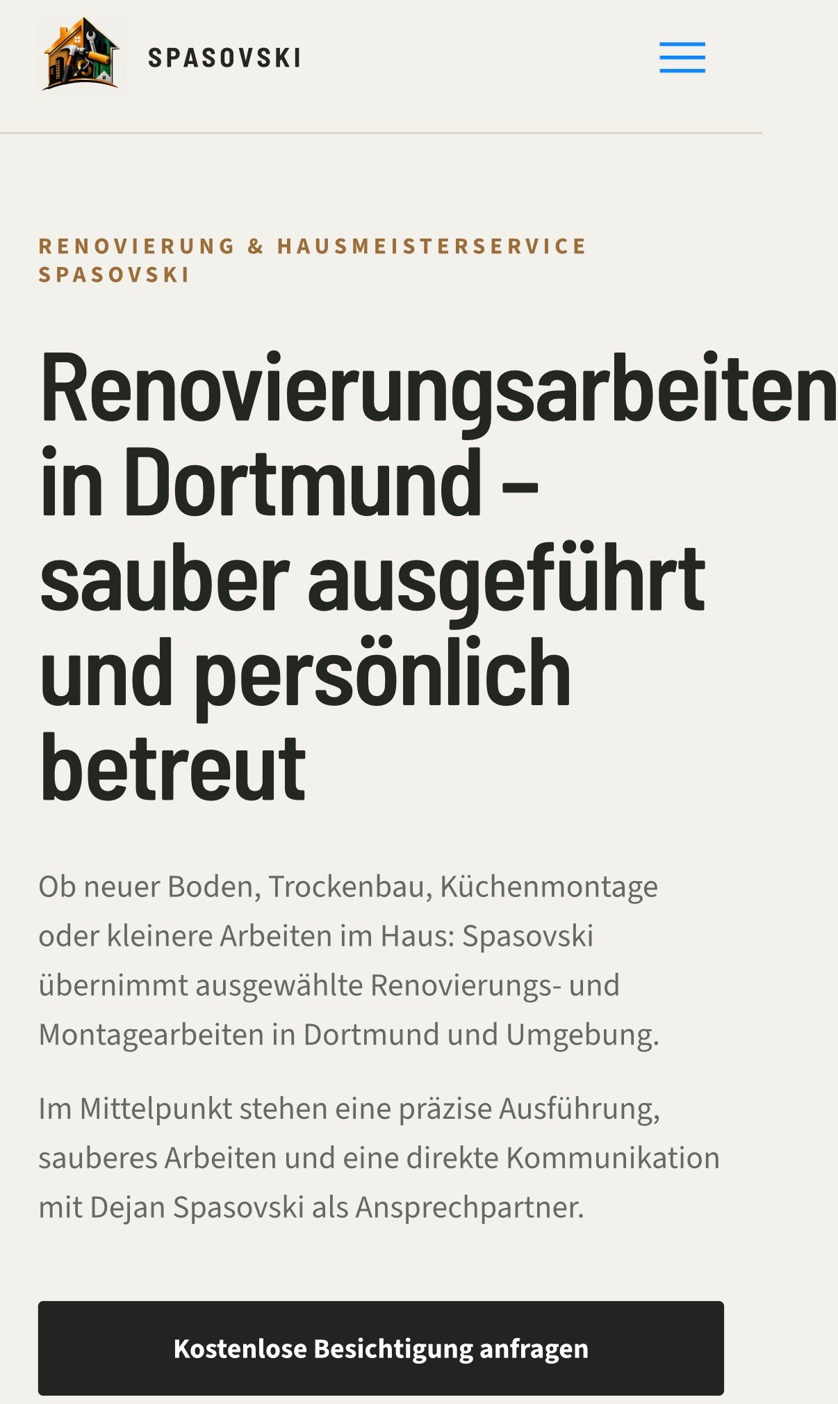Landingpage des Renovierungsbetriebs Spasovski in der Mobilansicht.